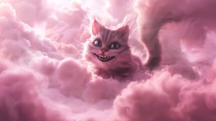 Wall Mural - a Cheshire Cat floating amidst cotton candy clouds, its mischievous grin stretching from ear to ear