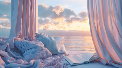 Wall Mural - Against a backdrop of serene pastel skies, a cozy reading nook beckons with plush pillows and a soft throw blanket, the perfect setting to lose oneself in the pages of a beloved book