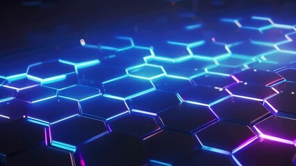 Wall Mural - abstract blue glowing hexagons on dark background, 3d render, 3D rendering of an abstract hexagon background with blue neon lights