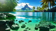 Tropical Island With Palm Trees And Rock In The Water, A Peaceful And Tranquil Lagoon In Bora Bora, French Polynesia