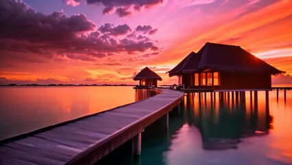 Wall Mural - Beautiful sunset at Maldives islands with water bungalows, An amazing sunset landscape, Picturesque summer sunset in the Maldives, Luxury resort villas seascape