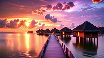 Wall Mural - Beautiful sunset at Maldives island with water bungalows and beach, An amazing sunset landscape, Picturesque summer sunset in the Maldives, Luxury resort villas seascape with