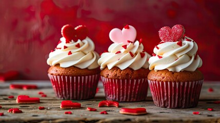 Poster - Valentine s Day cupcakes adorned with sweet sugar hearts are displayed on a rustic wooden table set against a vibrant red backdrop