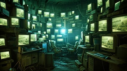 Abandoned room with many old computer monitors. 3d rendering, Computer monitors in a room with many screens and monitors on the wall