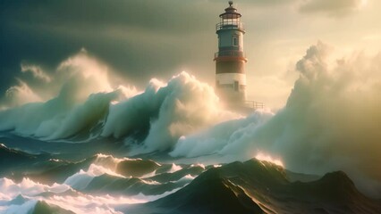 Wall Mural - Stormy sea with stormy waves and lighthouse. 3d rendering, Lighthouse in a storm on the North Sea, presented in 3D rendering