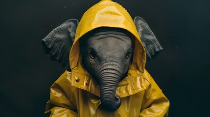 Wall Mural - Cute Baby Elephant in Yellow Raincoat