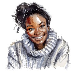 Wall Mural - Happy African Girl in Sweater: Colorful Sketch on White Background