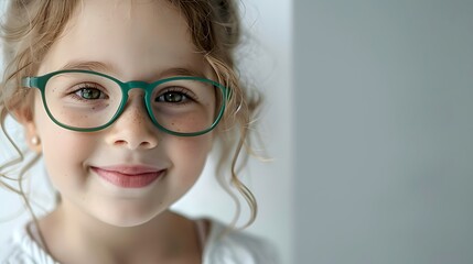 Wall Mural - cheerful young girl with green glasses smiling, bright portrait. child's happy expression captured i