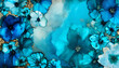 Elegant turquoise and blue flowers alcohol ink background with gold glitter elements