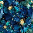 Elegant blue  and green flowers alcohol ink background with gold glitter elements