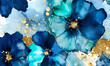 Elegant turquoise and blue flowers alcohol ink background with gold glitter elements