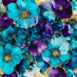 Elegant purple and teal flowers alcohol ink background with gold glitter elements