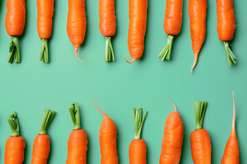 Wall Mural - Row of Fresh Carrots on Green Background with Pointing Tops