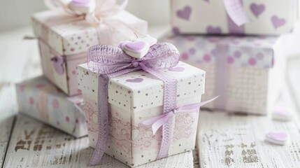 Canvas Print - Beautifully adorned gift boxes sit atop a pristine white wooden table dressed in heart patterned paper and tied with a delicate purple ribbon Wishing you a Happy Valentine s Day and a joyou