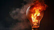 A glowing lightbulb with filaments igniting in flames, surrounded by swirling smoke against a dark backdrop.