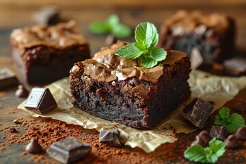 Chocolate brownies with mint on a wooden background. Selective focus.