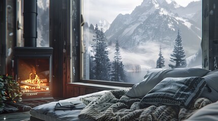 Wall Mural - A peaceful mountain retreat engulfed in mist, with a crackling fireplace casting a warm glow on a plush sofa adorned with soft blankets.