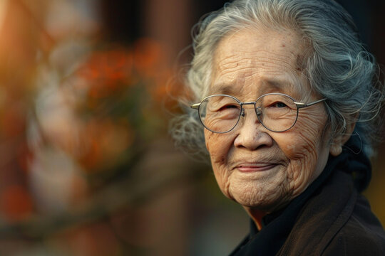 Serene Asian elder with glasses in a natural setting during golden hour, embodying peace.