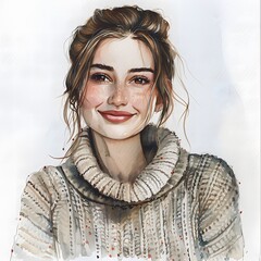 Wall Mural - Happy european Girl in Sweater: Watercolor Sketch on White Background

