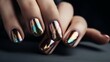 Female hand with beautiful manicure with Galaxy colors gel polish Generative AI	
