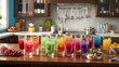 healthful drinks inspired by the colors of the rainbow, a variety of vibrant beverages are elegantly arranged in a modern kitchen. Generative AI	