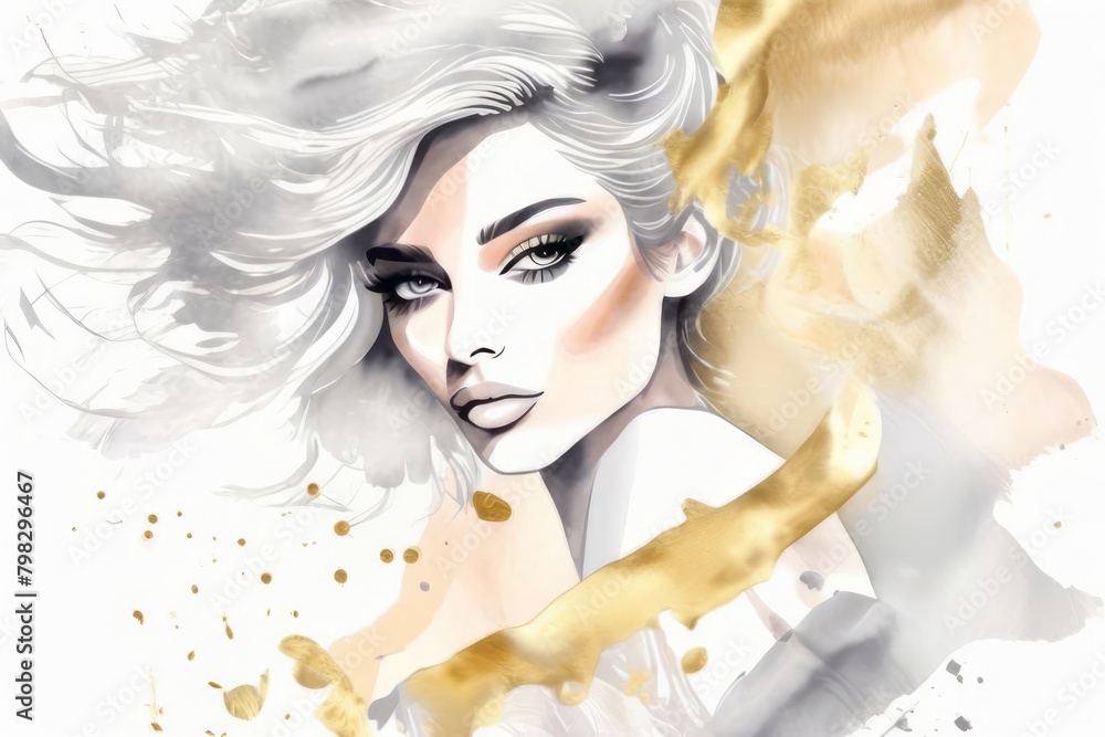 Elegant fashion woman with red lips makeup watercolor illustration in ...