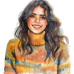 Wall Mural - Happy Latino Girl in Comfy Sweater: Watercolor Sketch