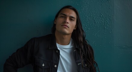 Native American Man in Stylish Blue Jacket and White T-shirt on Turquoise Background

