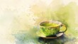 A delicate cup of green tea emits a soothing vapor, promising relaxation in every sip, kawaii water color