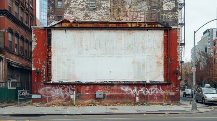 A blank street art mural in a bustling urban area, providing a canvas for artistic expression.