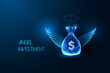Angel investment, financial support, growth opportunitiy futuristic concept with money bag and wings