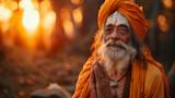 Fototapeta  - Indian saghu, guru, sage, saint, Shivaite in orange clothes on the background of the sunset