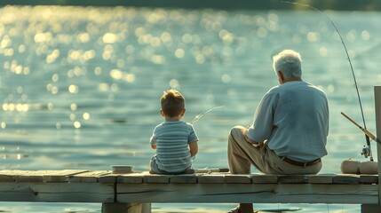 Grandfather and grandson fishing off dock 