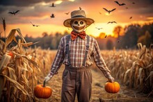 The Concept Of The Halloween Holiday. Horror. Fear. A Scary Scarecrow With A Pumpkin For A Head, In A Plaid Shirt And A Bow Tie. Banner, Postcard.