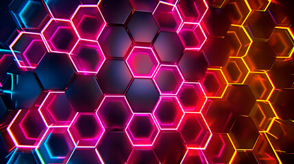 Abstract technology dark background with pink luminous hexagons.