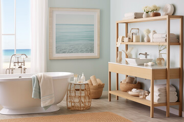 Wall Mural - A modern coastal bathroom and nautical details provide a relaxed seaside vibe.