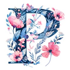 Wall Mural - Pretty Floral P Letter on White Background 