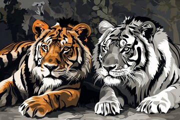 Lion Edition: Stylized Wildlife Art with Cartoon Tiger and Wolf Aspects in Monochrome Vector