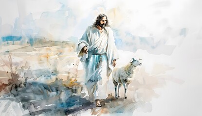 Wall Mural - Jesus and Lamb Watercolor Art