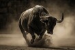 A bull is running through the desert, kicking up dust