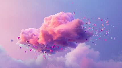 Wall Mural - pink cloud floating in a dreamy purple sky, with colorful small cubes falling like raindrops from the cloud. 