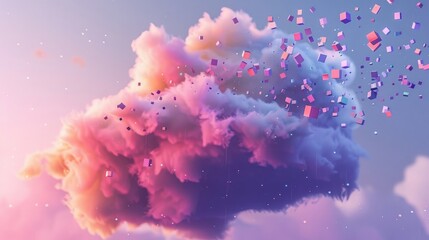 Wall Mural - pink cloud floating in a dreamy purple sky, with colorful small cubes falling like raindrops from the cloud. 
