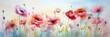 Red and purple poppies watercolor painting. Delicate illustration of red poppies. Aquarelle paper texture visible.