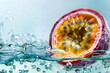 juicy passion fruit crosssection submerged in crystal clear water food photography