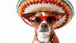 A hilarious pup sporting a sombrero and sunglasses set against a crisp white backdrop