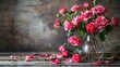 A stunning arrangement of vibrant pink roses showcased in a delicate glass vase elegantly displayed on a rustic wooden table evoking a timeless still life composition This image captures th