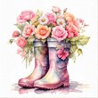 Watercolor garden boots with pink roses, daisy flowers, garden floral clip art