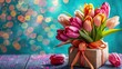 Gorgeous vibrant tulips elegantly displayed in a gift box against a colorful backdrop