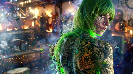 female punk chick neon green sin demoness, body full with tattoos of tortured soula 