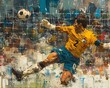 Create a dramatic scene of a player shooting towards the goal, showcasing the intensity of the match in a traditional oil painting with a focus on movement and precision